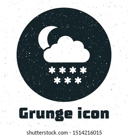 Grunge Cloud with snow and moon icon isolated on white background. Cloud with snowflakes. Single weather icon. Snowing sign.  Vector Illustration