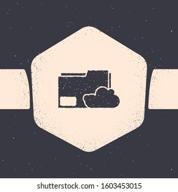 Grunge Cloud storage text document folder icon isolated on grey background. Monochrome vintage drawing. Vector Illustration