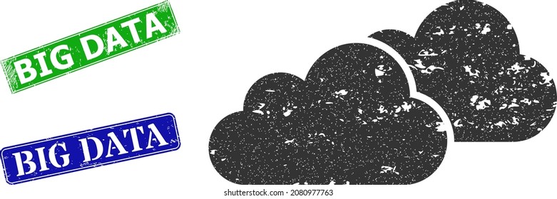 Grunge clouds icon and rectangular rubber Big Data stamp. Vector green Big Data and blue Big Data seals with corroded rubber texture, designed for clouds illustration.