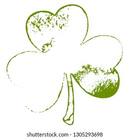 Grunge clover shamrock leaf contour isolated on a white background. Artistic distressed patrick day distress border element for your design. EPS10 vector.