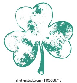 Grunge clover shamrock leaf isolated on a white background. Artistic distressed patrick day element for your design. EPS10 vector.