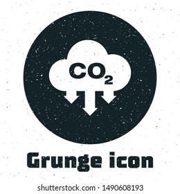 Grunge CO2 emissions in cloud icon isolated on white background. Carbon dioxide formula symbol, smog pollution concept, environment concept.  Vector Illustration
