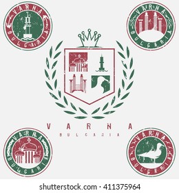 grunge coat of arms and emblems with landmarks of the city Varna Bulgaria
