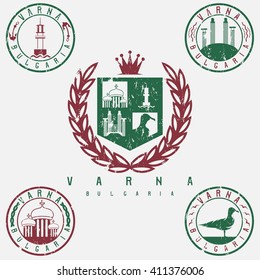 grunge coat of arms and emblems with landmarks of the city Varna Bulgaria