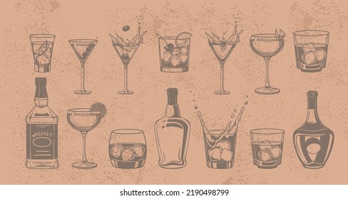 grunge Cocktails  alcoholic daiquiri, old fashioned, manhattan, martini, sidecar glass hand drawn engraving vector illustration. Isolated black and white vintage style drinks set. 