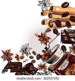 Grunge coffee background with coffee grinder anise stars and roasted beans in engraved and watercolor styles