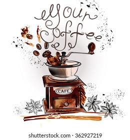 Grunge coffee background with coffee grinder anise stars and grains your coffee