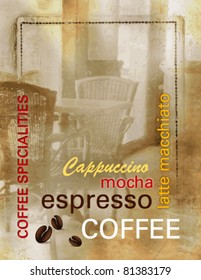 Grunge coffee background - coffee menu with text and abstract old coffee shop - vintage design, retro style - vector illustration