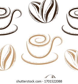 Granos de café y tazas de café sin fisuras aislados en blanco. Patrón de café grueso
