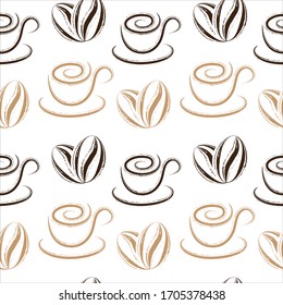 Grunge coffee beans and coffee cups seamless background isolated on white. Grunge coffee pattern