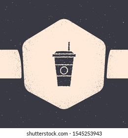 Grunge Coffee cup icon isolated on grey background. Disposable coffee cup with hot coffee. Monochrome vintage drawing. Vector Illustration