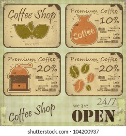 Grunge coffee labels in Retro style on dirty background - vector illustration