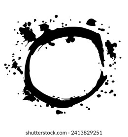 Grunge coffee round stain with streaks,splashes,spots,dots,streaks.Abstract circle imprint of cappuccino spot.Splatters of paint, textured oval, ellipse. Isolated.Vector illustration