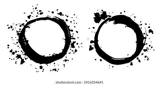 Grunge coffee round stain with streaks,splashes,spots,dots,streaks.Abstract circle imprint of cappuccino spot.Splatters of paint, textured oval, ellipse. Isolated.Vector illustration