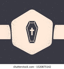 Grunge Coffin with christian cross icon isolated on grey background. Happy Halloween party. Monochrome vintage drawing. Vector Illustration