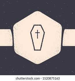 Grunge Coffin with christian cross icon isolated on grey background. Happy Halloween party. Monochrome vintage drawing. Vector Illustration
