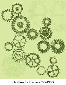 Grunge cogs / gears on a green background