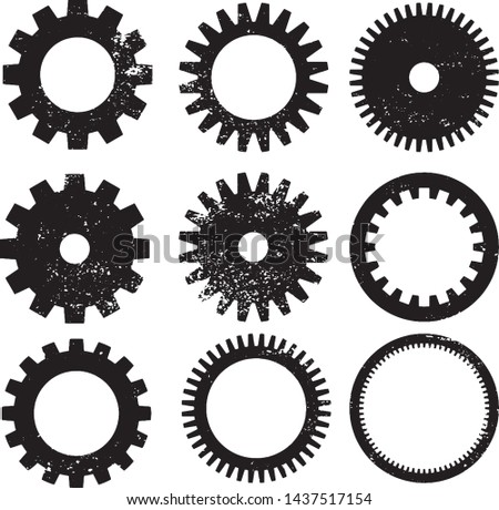 Grunge Cogs and Gears Stamps Collection. Can be used as  Banners, Insignias or Badges. Vector Distressed Textures Set. Blank Shapes. Vector Illustration. Black isolated on white. EPS10.