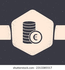 Grunge Coin money with euro symbol icon isolated on grey background. Banking currency sign. Cash symbol. Monochrome vintage drawing. Vector