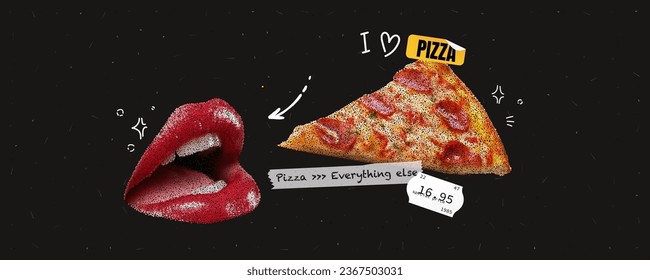 Grunge collage with a woman's mouth open and pizza flying into it. Noisy black background and trendy elements. Vector illustration. 