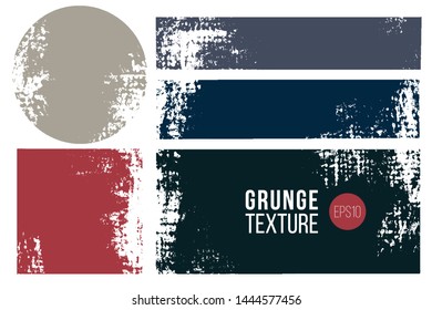 Grunge collection, badge or label set . Vector distress textures in rectangular and round shapes. Textured background set.