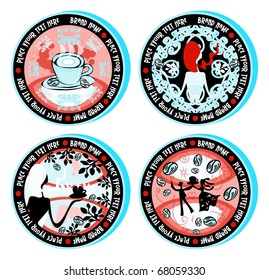 Grunge collection of drink coasters - Coffee, woman, dance couple theme, isolated on white background