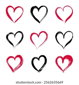 Grunge Collection of Hearts in Hand Drawn Style. Cute doodle love sign isolated on white background. Scribble heart shapes drawn with markers and chalk