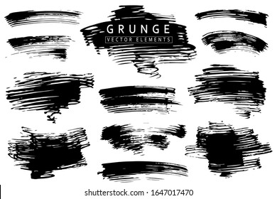 Grunge collection. Vector ink blots, stroke, black trail from makeup brushes. Isolated hatched objects, space for text