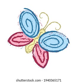 Grunge color butterfly icon. Creative vector doodle of colorful insect isolated on white background