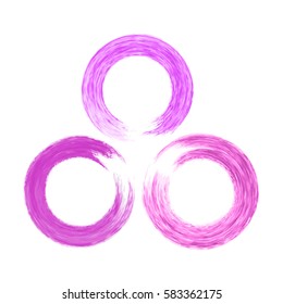 Grunge color circle with brush. Set of three purple round brushes. Collection of vector graphics elements for your design