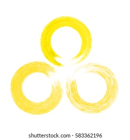 Grunge color circle with brush. Set of three yellow round brushes. Collection of vector graphics elements for your design