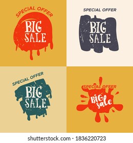 Grunge color design big sale stickers set. Catching signage. Vector illustrations for online shopping, product promotions, website and mobile website badges, ads, print material.