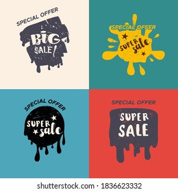 Grunge color design big sale stickers set. Catching signage. Vector illustrations for online shopping, product promotions, website and mobile website badges, ads, print material.