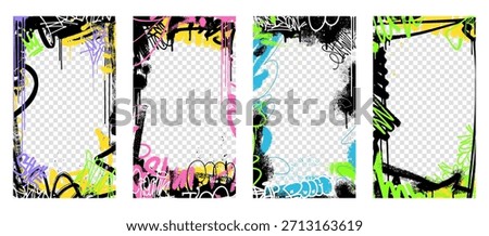 Grunge color frame templates with scribbles, aerosol paint, and ink drips. Set of graffiti spray art layout backgrounds with abstract street art elements on a transparent background