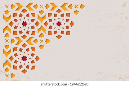 Grunge color ornamental patterned stone relief in arabic architectural style of islamic mosque,greeting card for Ramadan Kareem