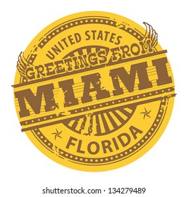 Grunge color stamp with text Greetings from Miami, vector illustration