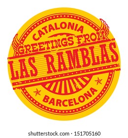 Grunge color stamp with text Greetings from Las Ramblas, Catalonia, vector illustration