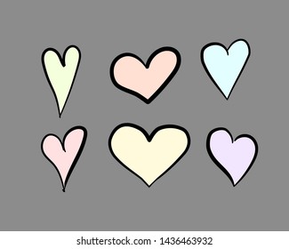 Grunge colored hearts isolated on a gray background. Set of stylish signs. Unique elements for design.