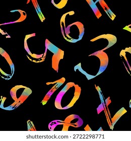 Grunge colored numbers vector seamless pattern on black background. hand drawn. Not AI, Vector illustration.