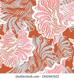 Grunge colored ocean seashells in freehand hand drawn style of sea life seamless pattern. Amazing inhabitant of the seabed, cockleshell for textile, package, wallpaper. Stock vector illustration. 