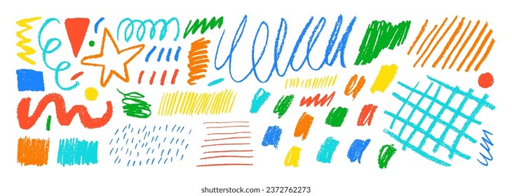Grunge colored pencil sketches set. Childish doodle drawing. Charcoal or pencil grids, dots, stars, wavy lines, squiggle and swirls. Freehand colorful lines, curves and blobs. Charcoal scribbles.