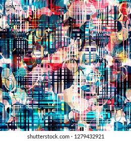 Grunge colored seamless texture with lines, blots, round elements. Pink, black, blue, red colors. Abstract vector background for web page, banners backdrop, fabric, home decor, wrapping