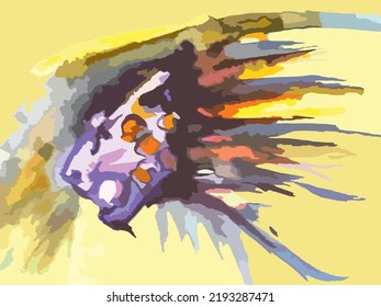 Grunge colored tiger head for interior solutions or textiles. Watercolor bursts of a growling tiger's head for fabric, posters, graffiti, fashion trends, covers, prints on T-shirts, etc. Vector
