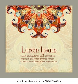 Grunge colorful background with mandala pattern. Design for greeting card, invitation, bannerk, certificate, gift. Free place for your text. Arabic, Islam, Indian,Turkish motifs. Vector illustration