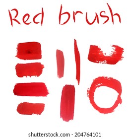 Grunge colorful brush red strokes Vector set. Illustration of watercolor splash element for design, Web site, Texture. Isolated, editaple gouache for Texture.