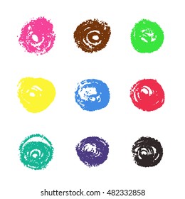 Grunge colorful chalk circles. Highlight marker spots bright color. Vector set design elements on white background