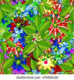 grunge colorful flowers background pattern vintage style with green leaves. Vector.