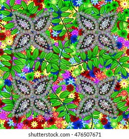 grunge colorful flowers background pattern vintage style with green leaves and white and black doodles. Vector.