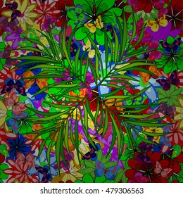 grunge colorful flowers background pattern vintage style with green leaves. Vector.