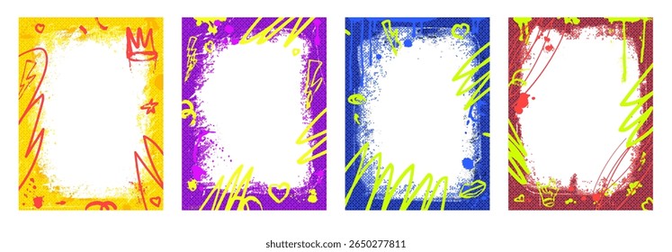 Grunge colorful frames template with scribbles and aerosol paint. Graffiti spray art layout backgrounds set. Borders with airbrush lines. Halftone decor for photo. Retro posters. Vector hip hop cadre.